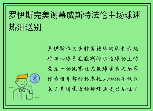 罗伊斯完美谢幕威斯特法伦主场球迷热泪送别 罗伊斯完美谢幕威斯特法伦主场球迷热泪送别